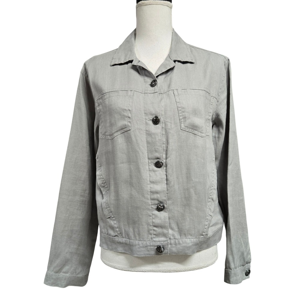 Rachel Zoe 100% Linen Button Up Utility Jacket Light Gray Long Sleeve Pockets M